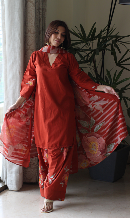 Tangerine Gulzar Kurta with Farshi Salwar & Cotton Dupatta