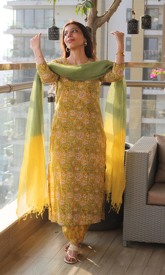 Cotton Yellow & Green Block Printed Kurta , Afghani Salwar and Kota Doria Ombre Dupatta
