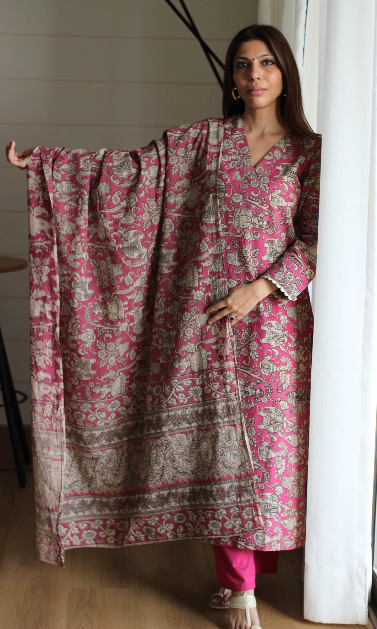 Deep Pink Handblock Kalamkari Kurta, Cotton Handblock Dupatta & Pants