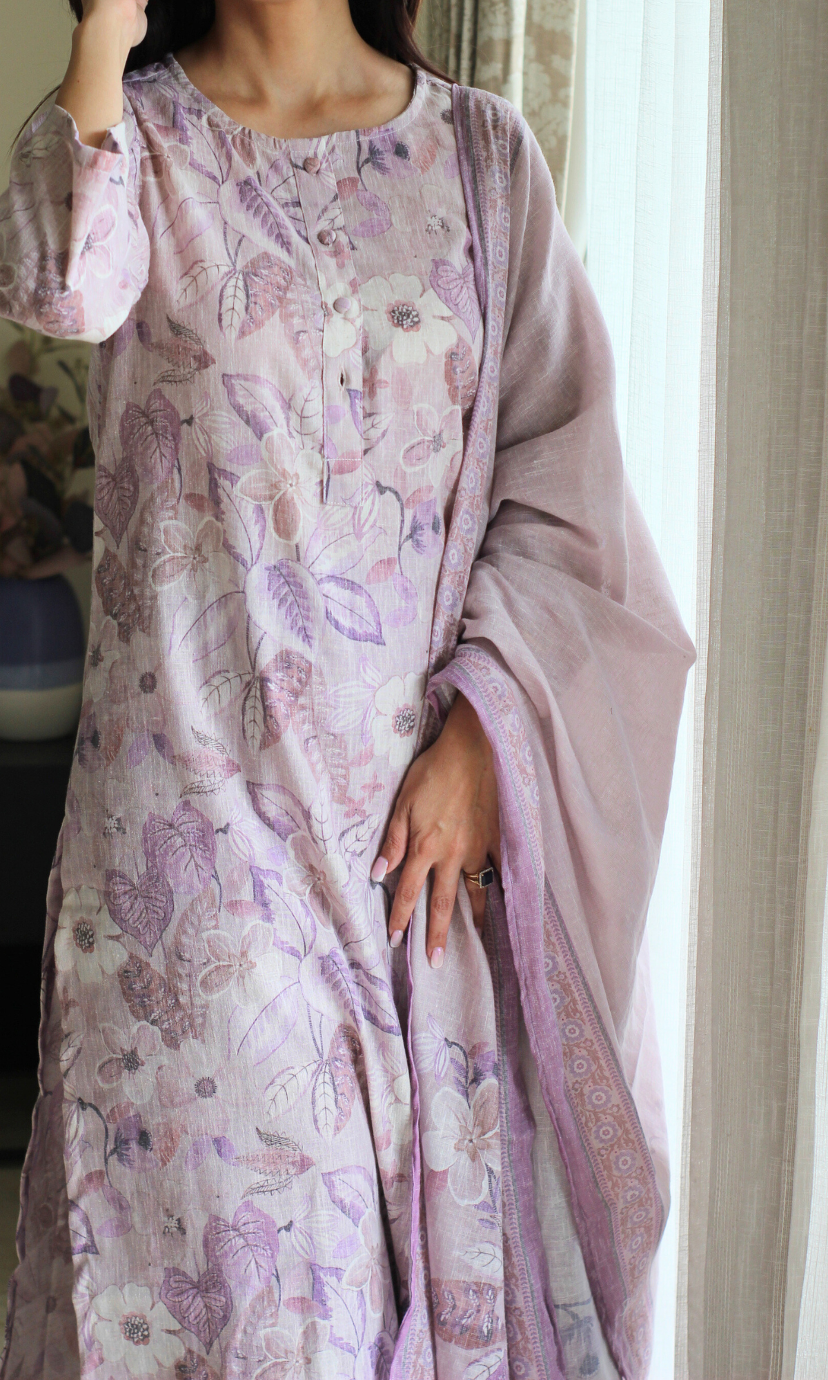Duchessé Pink Linen Blend Printed Kurta , Dupatta & Cotton Bottoms