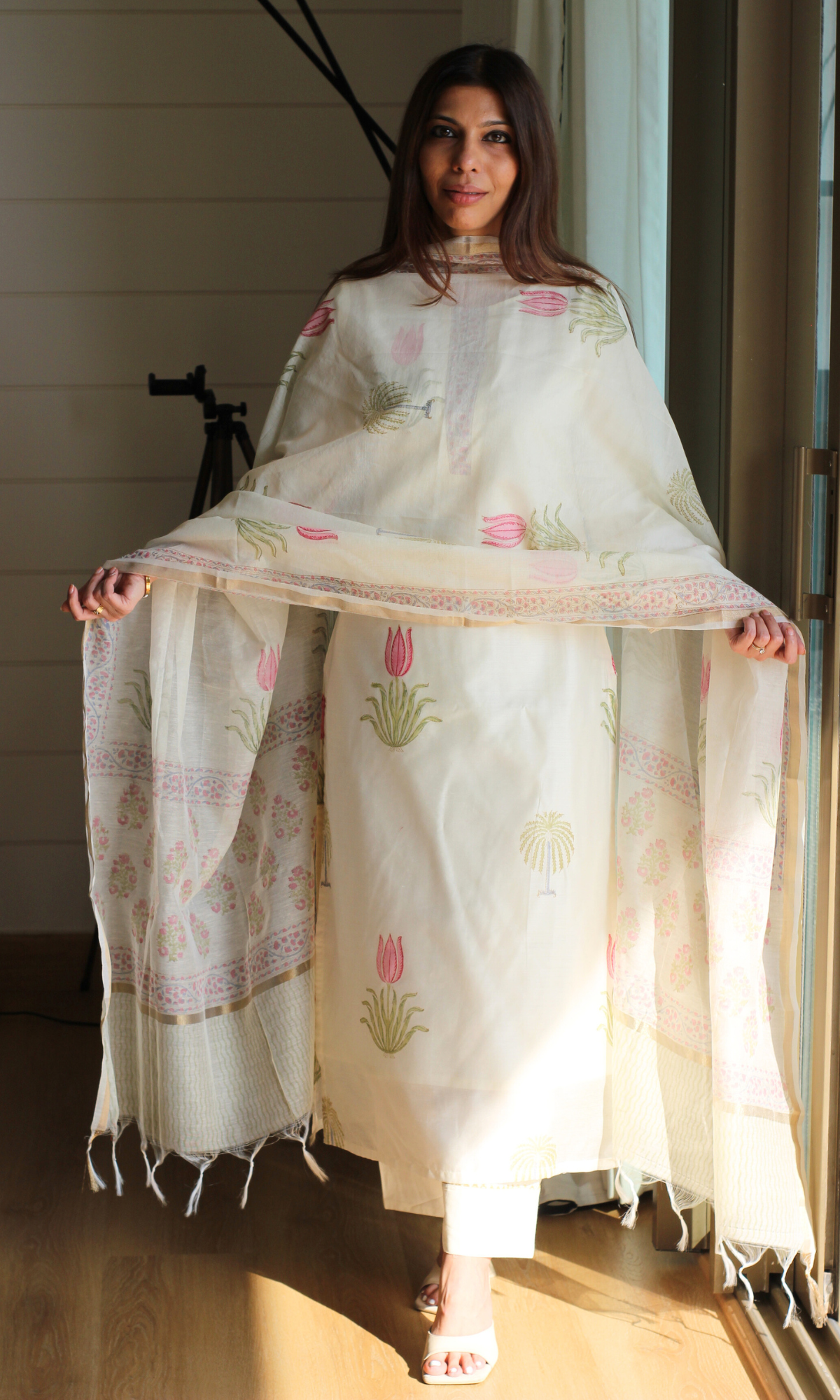 Seher Chanderi Silk Handblock Printed Kurta , Dupatta & Cotton Pants