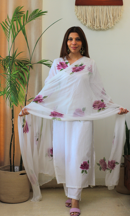 Cotton White Gulaab Handbrush Painted Kurta, Pant & Chiffon Handpainted Dupatta