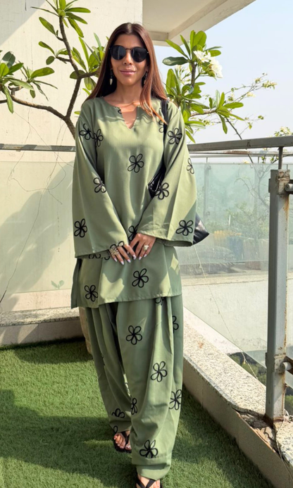 Dusty Sage Flower Embroidered Farshi Co-ord