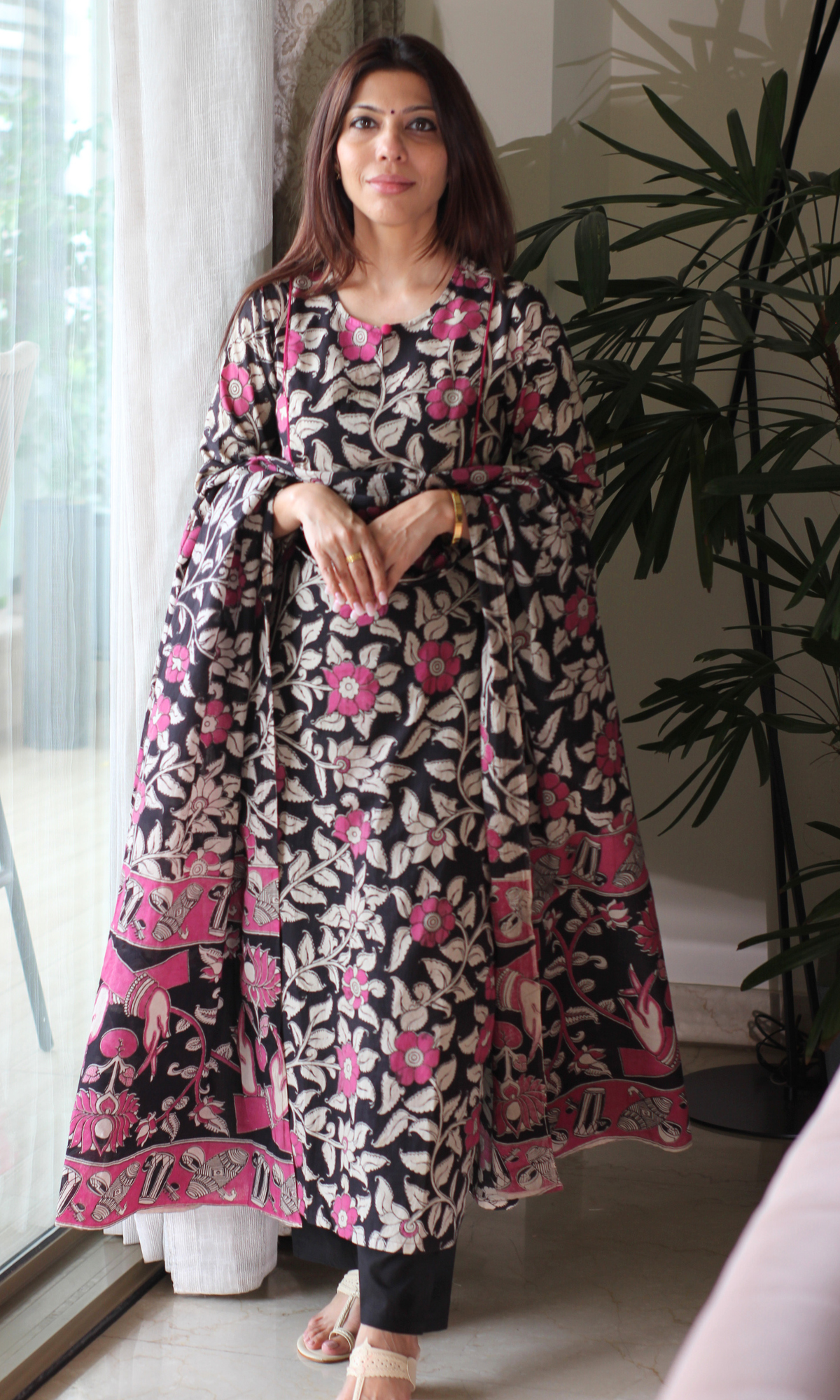 Black & Pink Handblock Kalamkari Print Cotton Kurta, Dupatta & Plain Pants