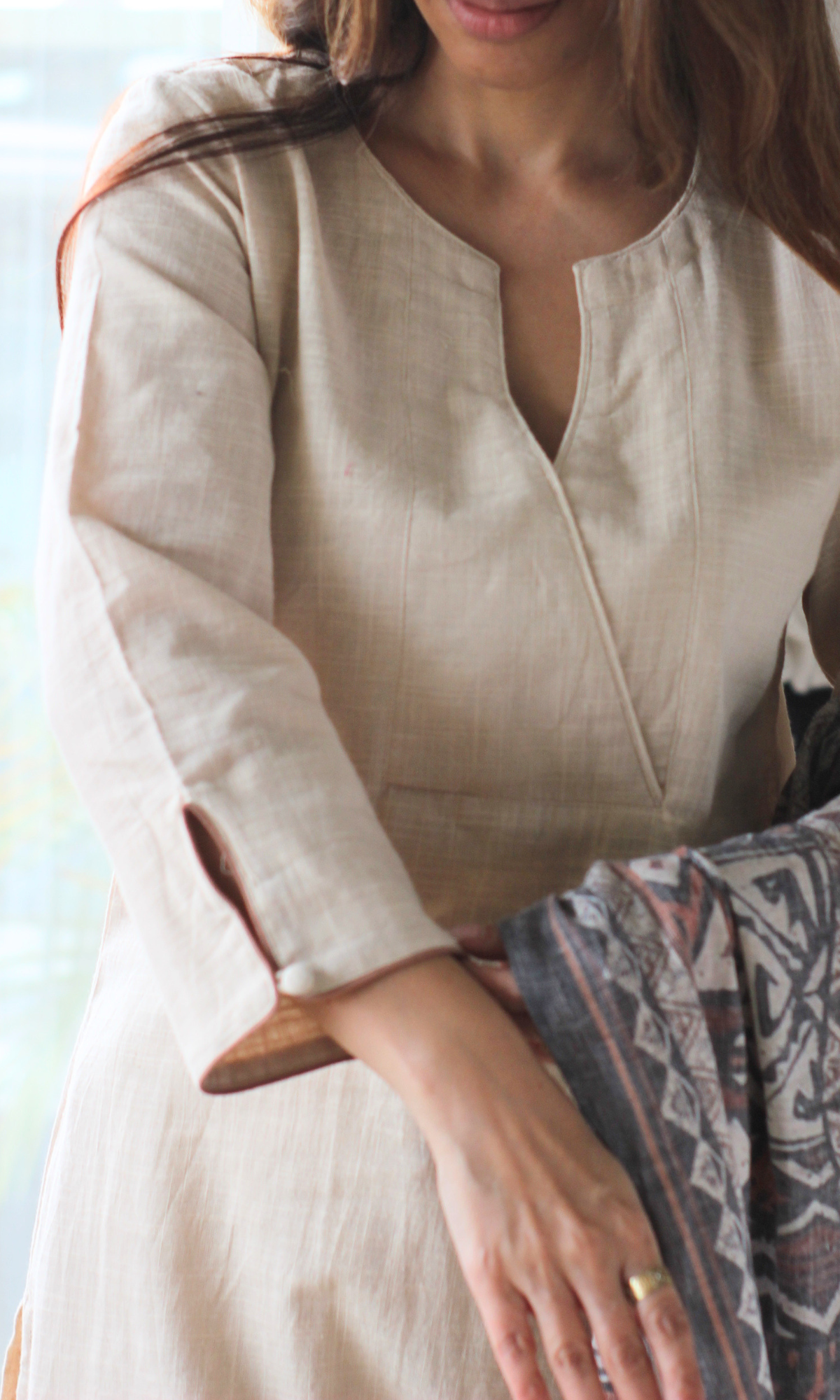 Saaz Beige Slub Kurta, Pants with Pintex, Printed Dupatta