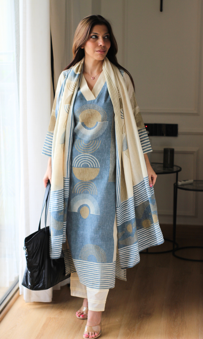 Linen Blend Beige Half Moon Print  Print Kurta , Dupatta with Cotton Pants