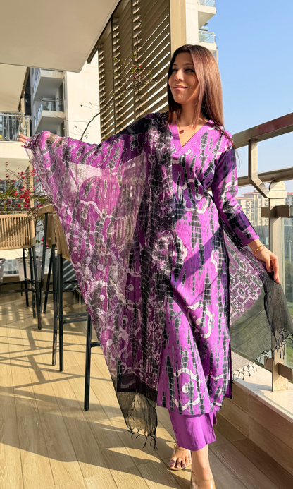 Cotton Purple & Black Tie & Dye Suit with Chiffon Tie & Dye Dupatta