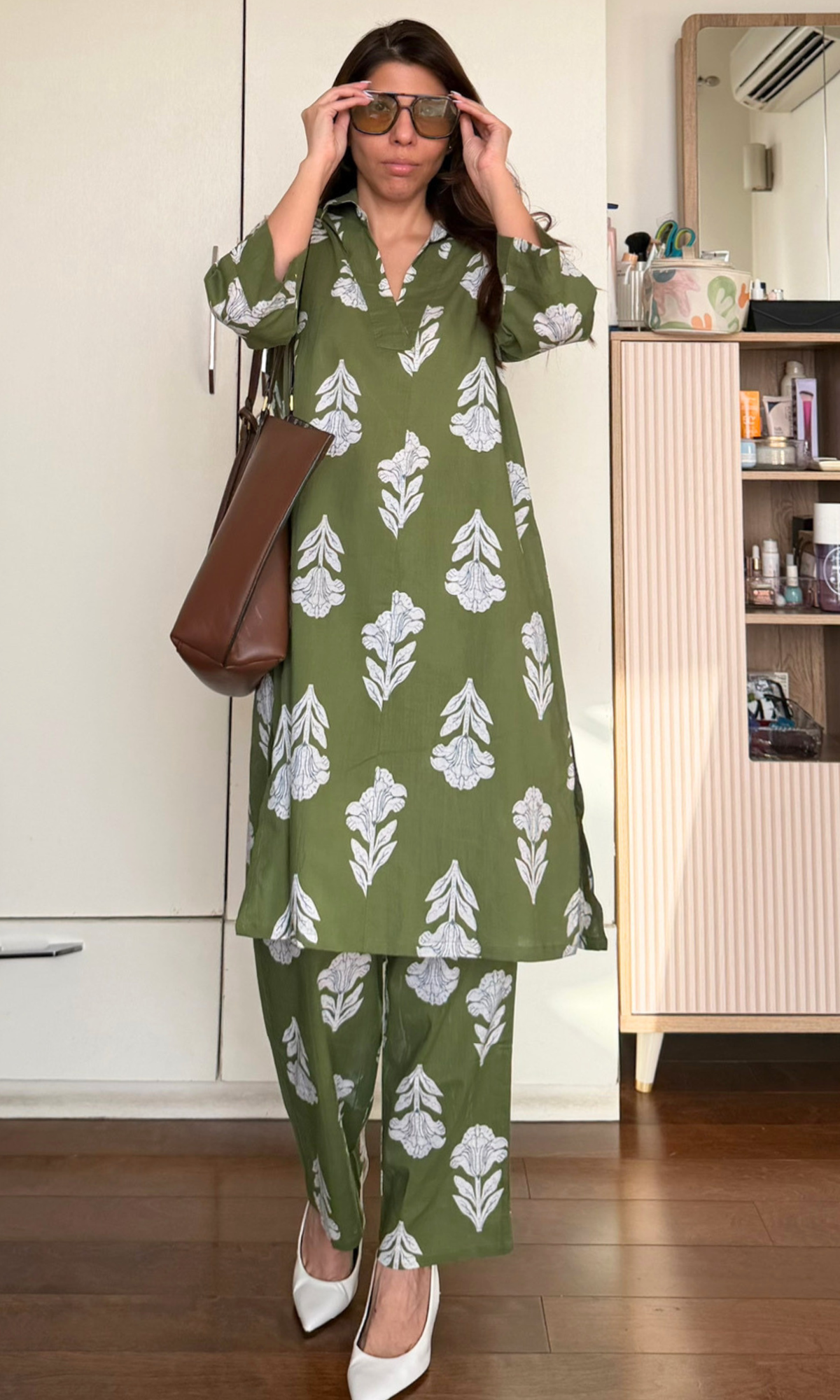 Cotton Green Olive Floral Collared  Co-ord