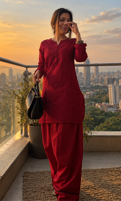 Rose Embroidered Kurta & Cotton Farshi Salwaar