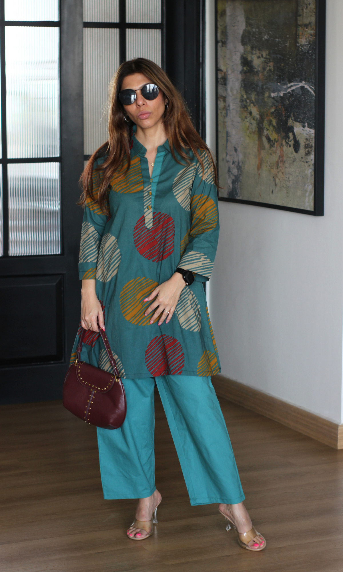 Cotton Teal Circle Abstract Collared Coord
