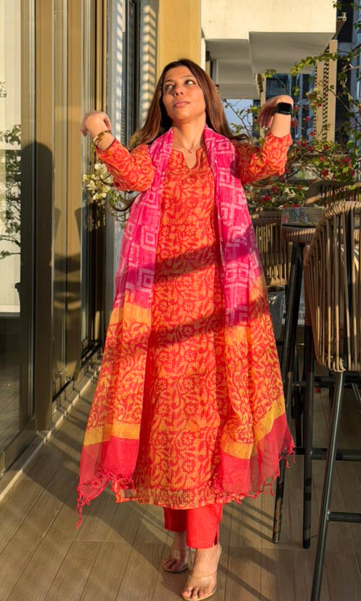 Kota Doria Carrot Red & Yellow Batik Print Kurta, Kota Dupatta & Cotton Pants