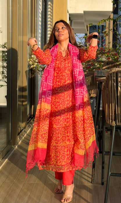 Kota Doria Carrot Red & Yellow Batik Print Kurta, Kota Dupatta & Cotton Pants