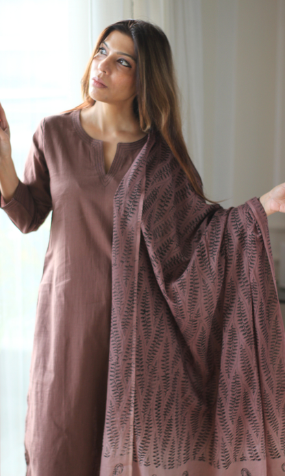 Hazel Cocoa Slub Kurta, Pant & Handblock Print Dupatta