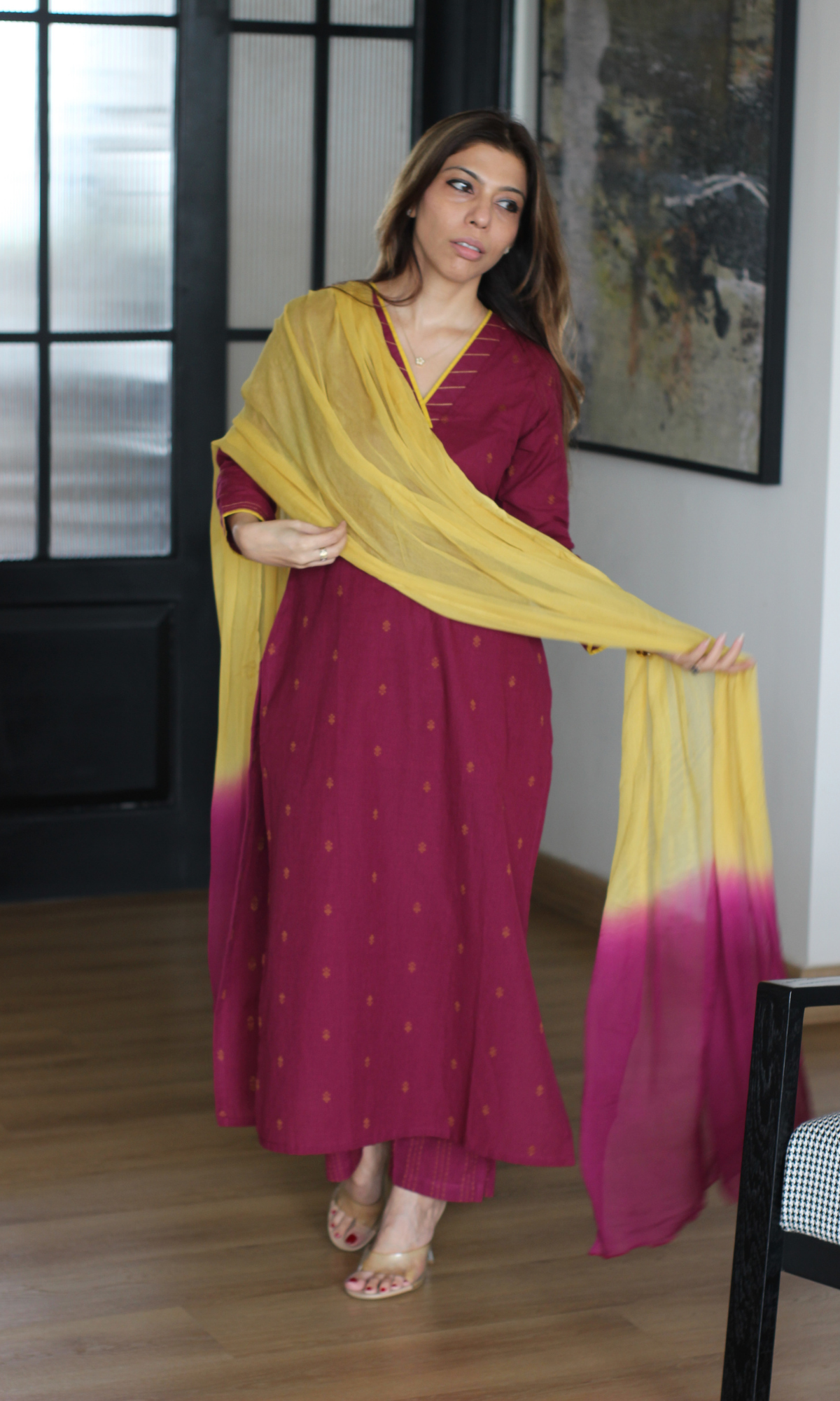 Plum Handloom Cotton Dobby Kurta, Pant & Chiffon Ombre Dupatta