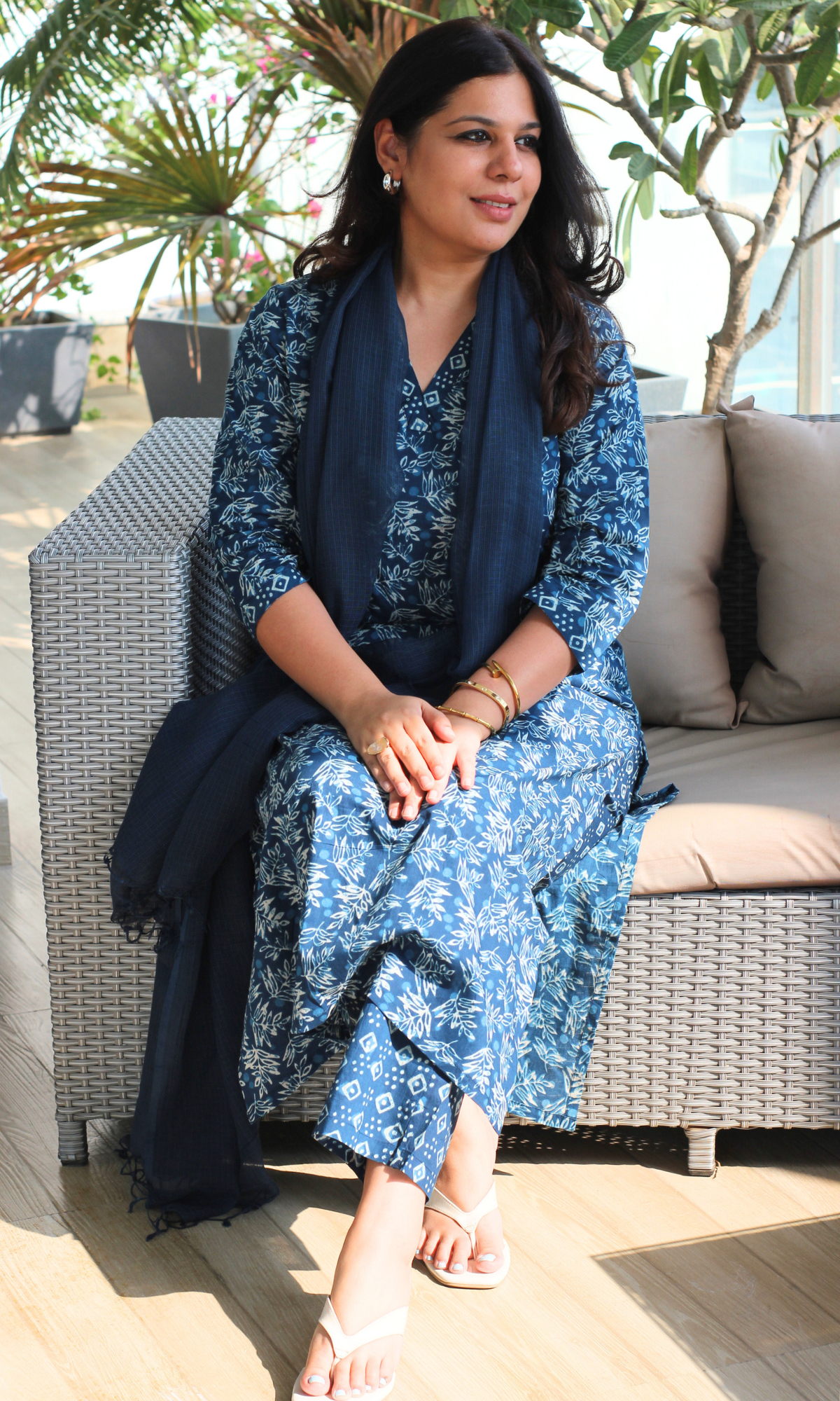 Indigo Block Print Cotton Kurta, Pant & Kota Doria Dupatta