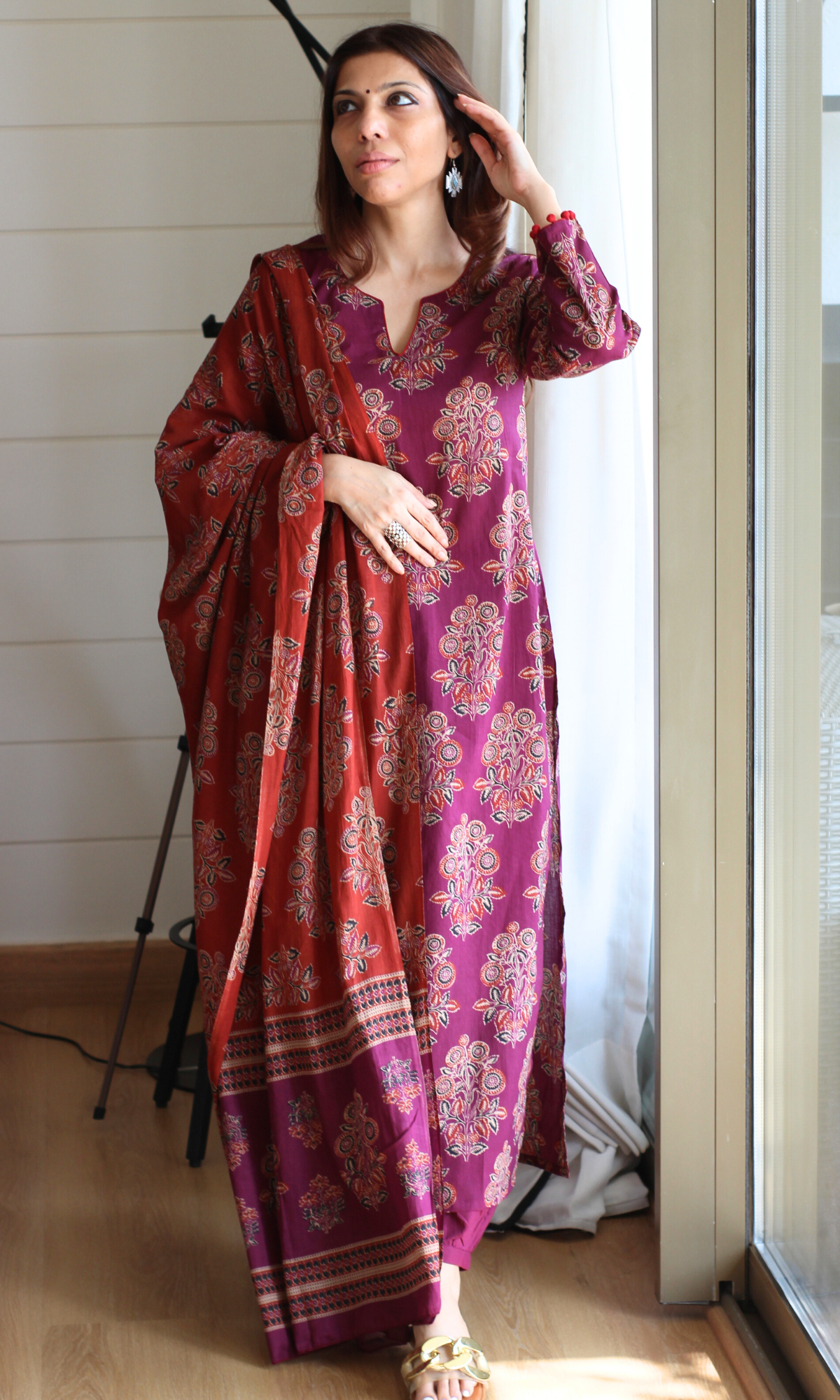 Cotton Burgandy & Rust Mughal Print Kurta, Dupatta with  Afgani Pants