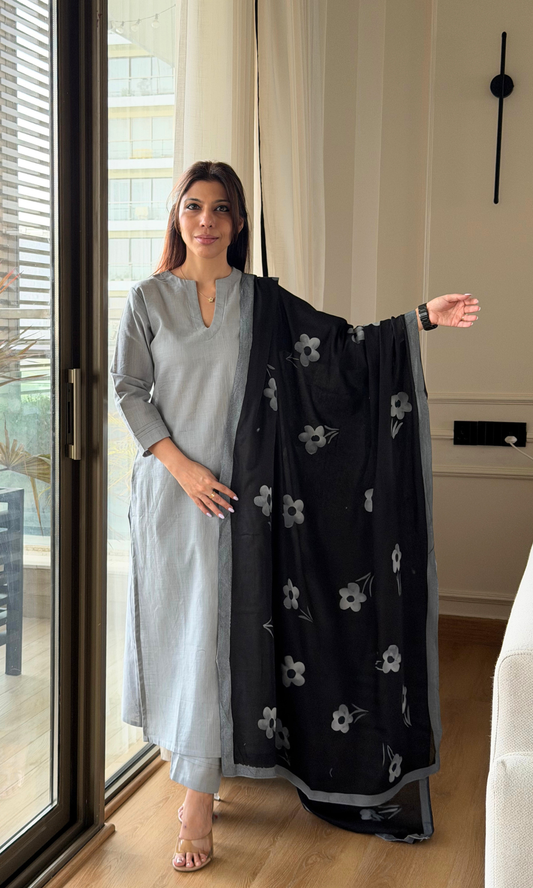 Mist Grey Slub Kurta, Pant with Black Cotton Handpainted Dupatta