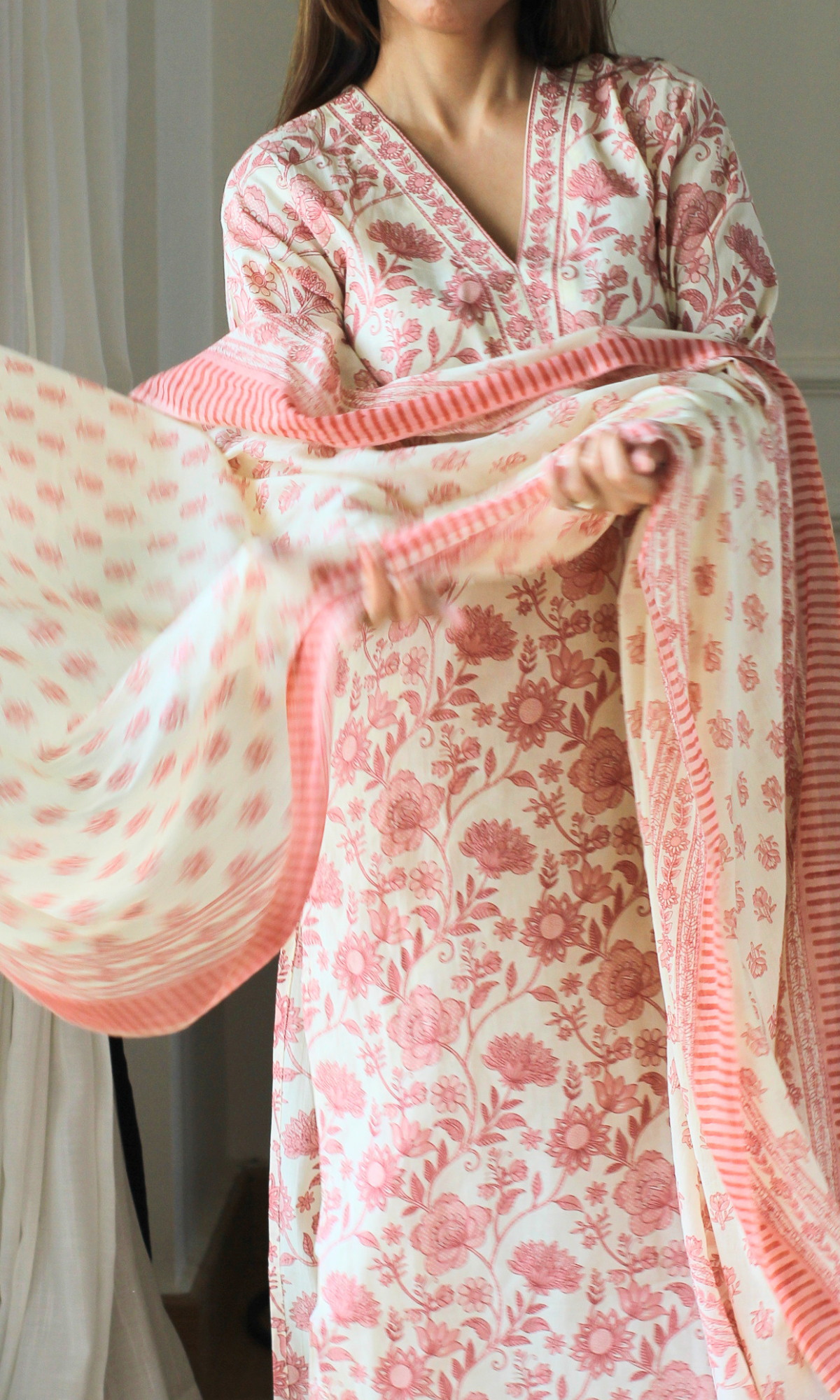 Apricot Garden Block Print Cotton Kurta, Pant and Mul Printed Dupatta