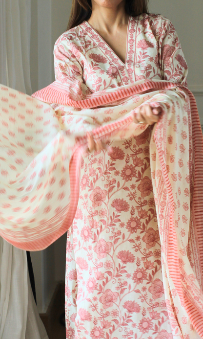 Apricot Garden Block Print Cotton Kurta, Pant and Mul Printed Dupatta