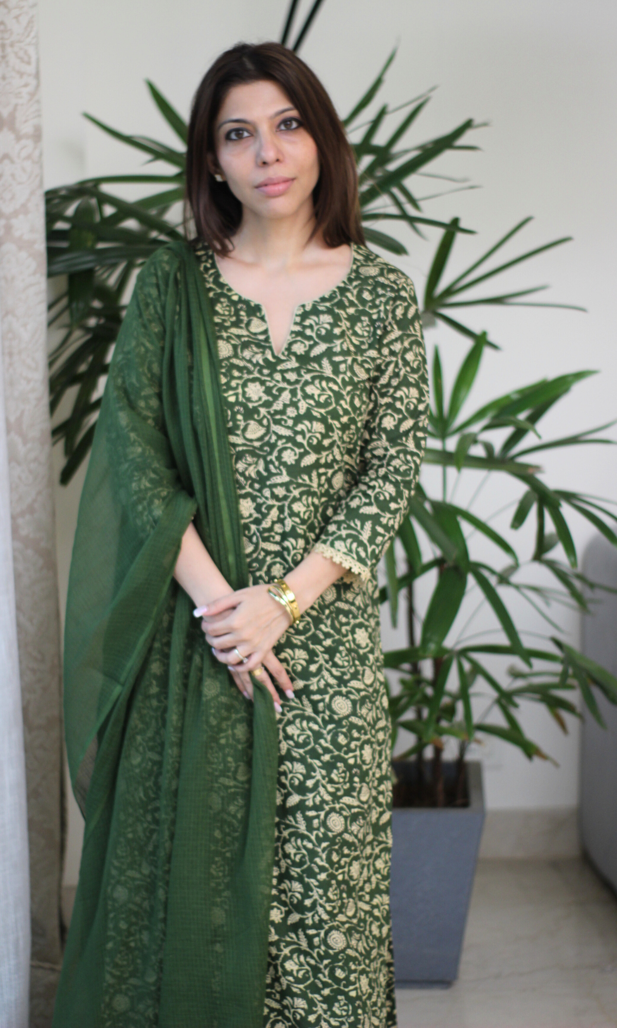 Deep Green Baagh Printed Cotton Kurta, Pant & Kota Doria Dupatta