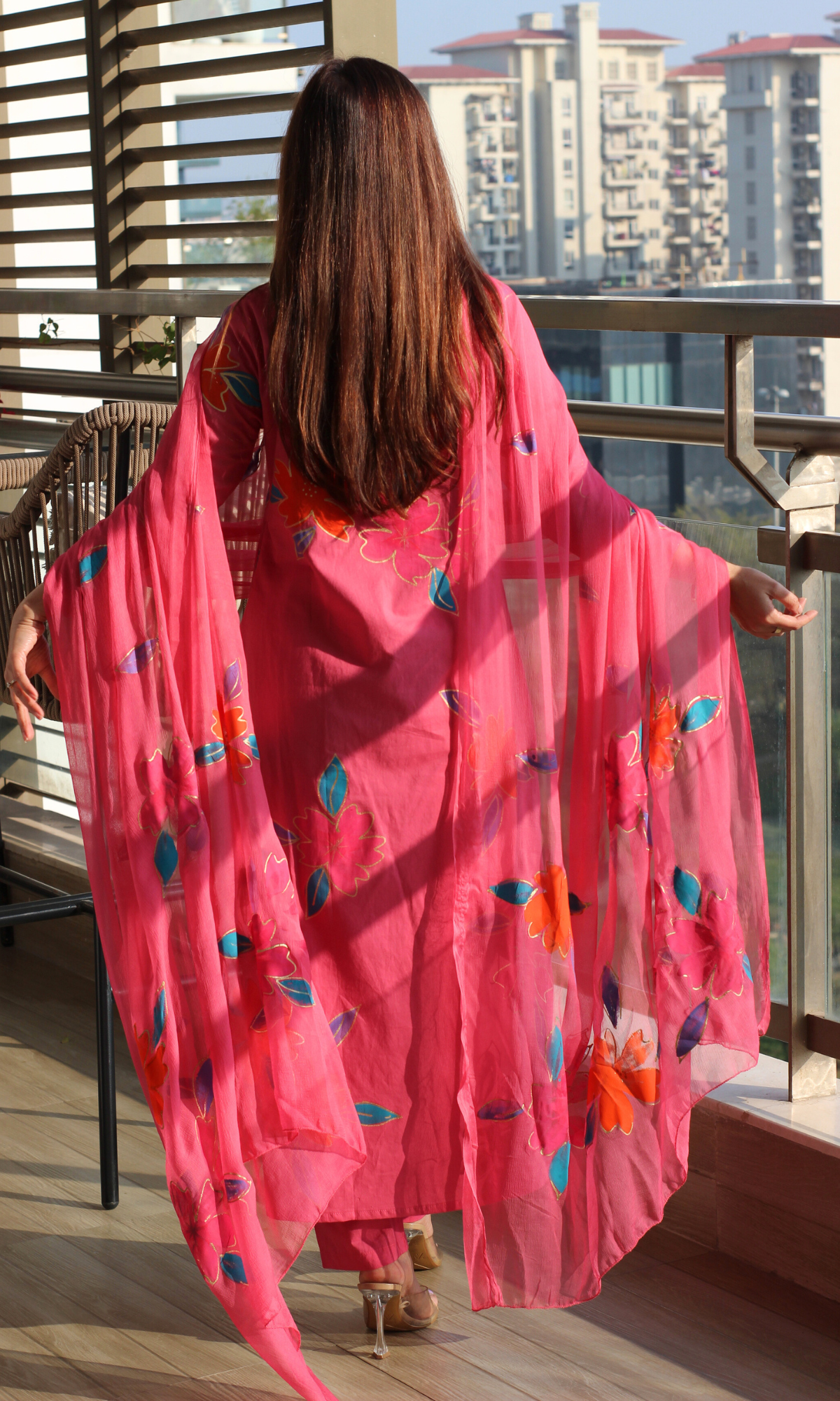 Cotton Berry Pink  Handbrush Painted Suit with Chiffon Handpainted Dupatta