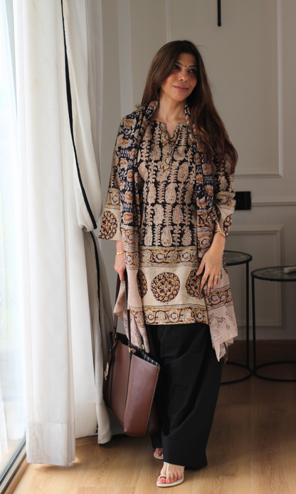 Black Paisley Handblock Kalamkari Kurta , Dupatta & Cotton Farshi Salwaar