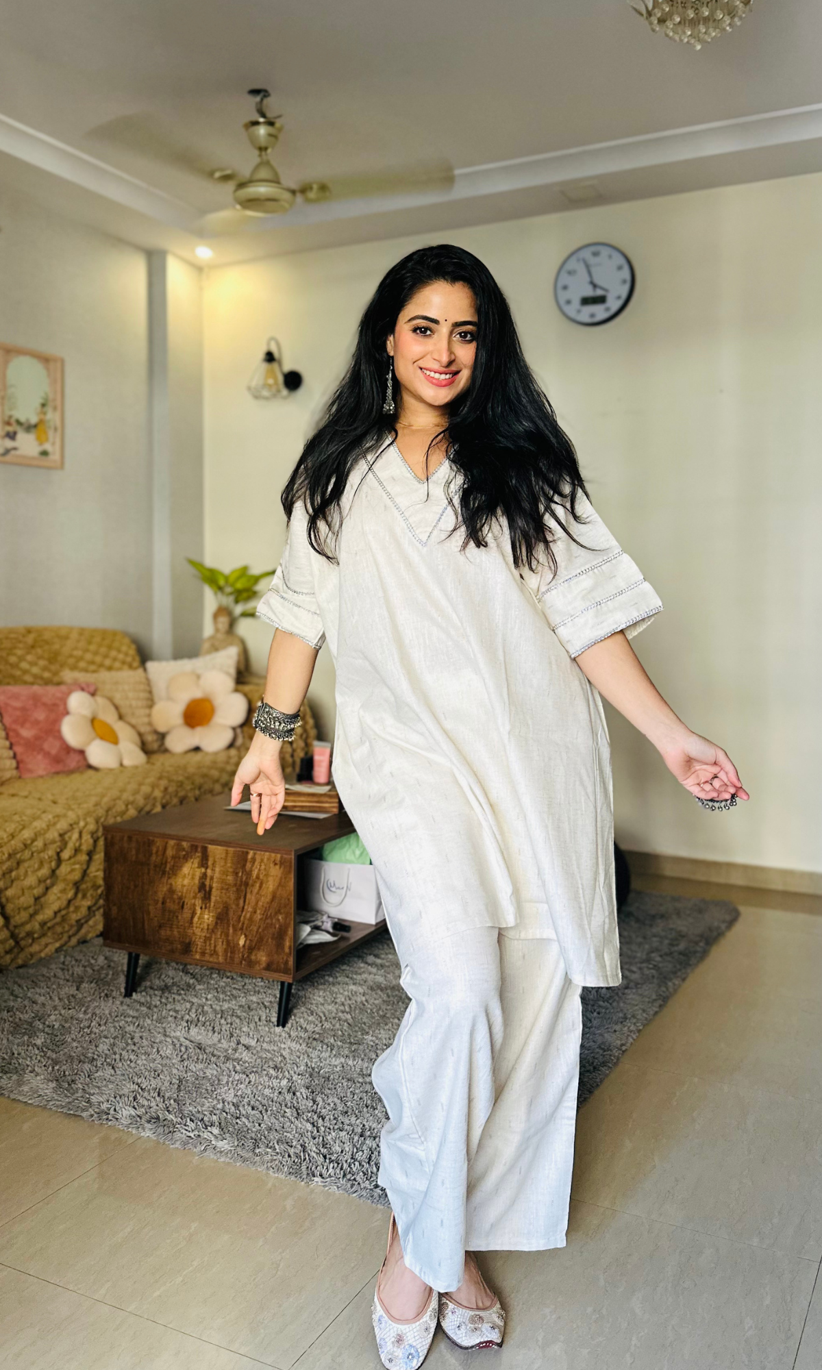 Cotton Linen Blend Dobby Laced Kaftan Coord