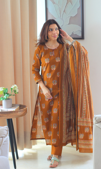 Cotton Mustard Lotus Mughal Kurta, Dupatta & Cotton Pants