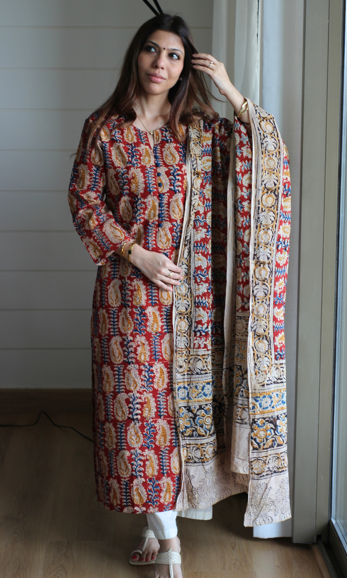 Kalamkari Red & Blue Cotton Kurta & Hand Block Kalamkari Dupatta