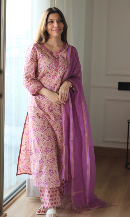 Berry Mauve Floral Print Kurta, Pant & Kota Doria Dupatta