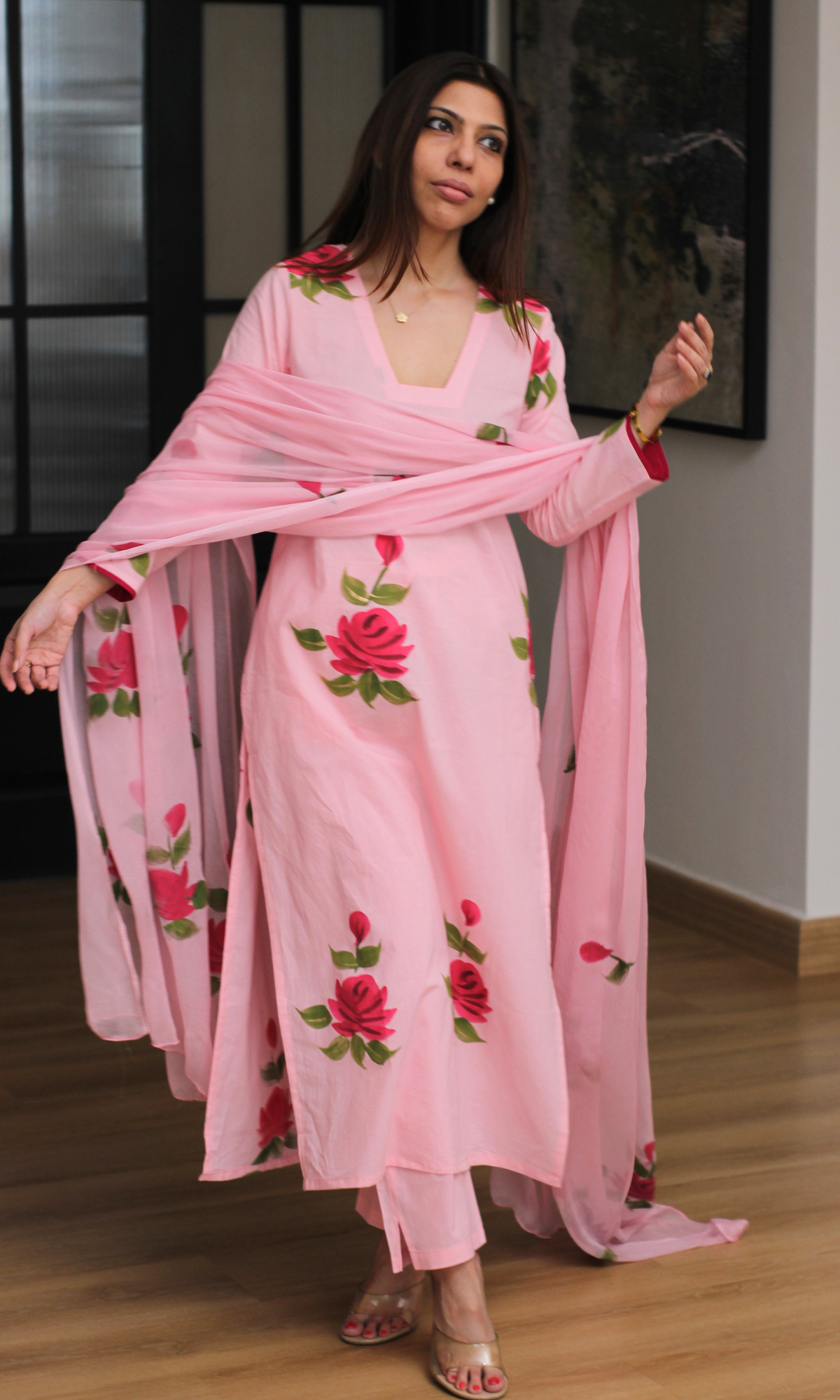 Pink Rose Handbrush Painted Cotton Kurta , Chiffon Hand Painted Dupatta & Cotton pants