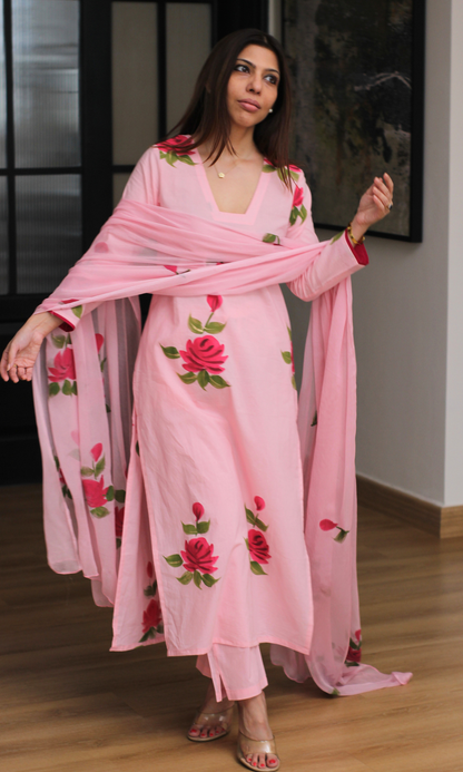 Pink Rose Handbrush Painted Cotton Kurta , Chiffon Hand Painted Dupatta & Cotton pants