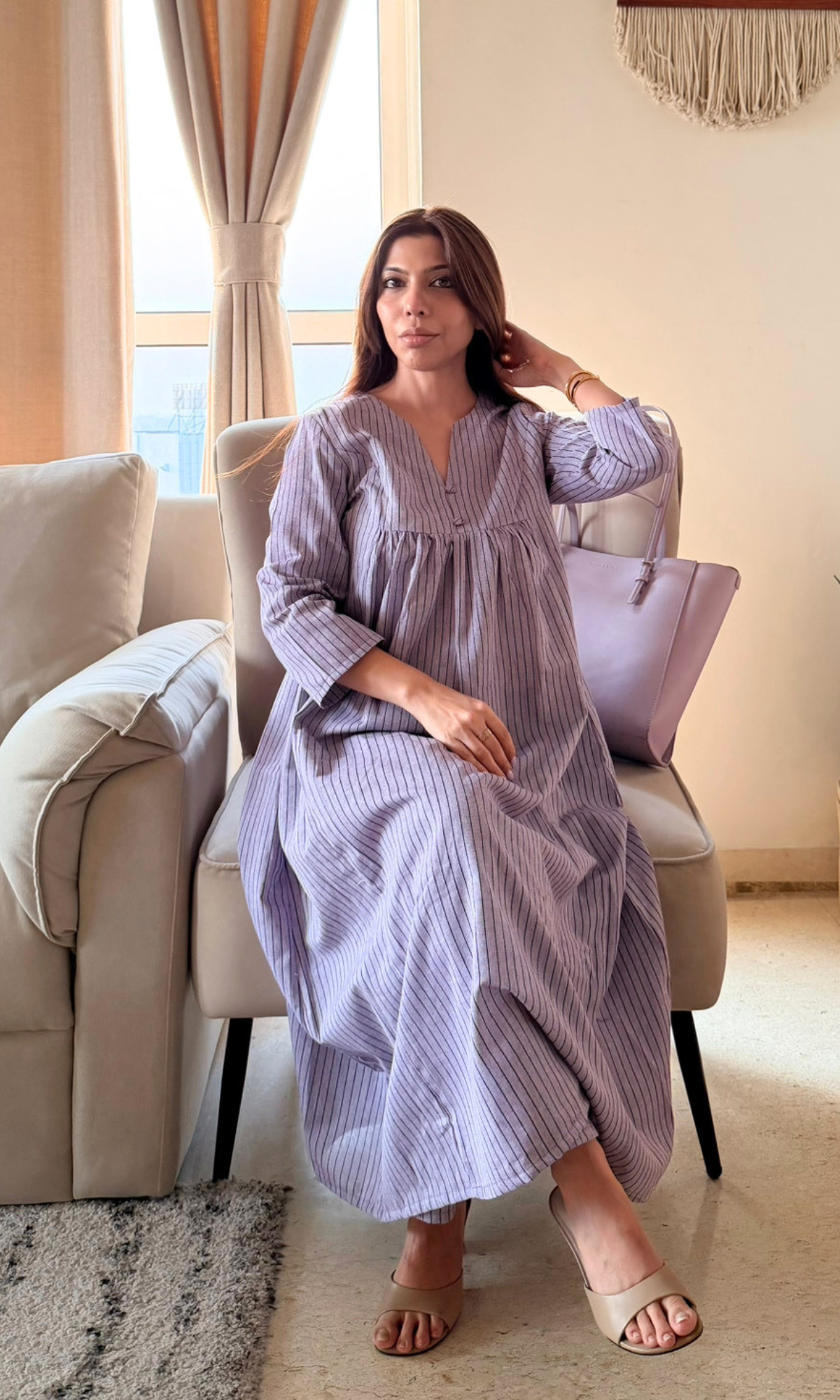 Handloom Cotton Lavender Striped Pleated Kurta & Pant