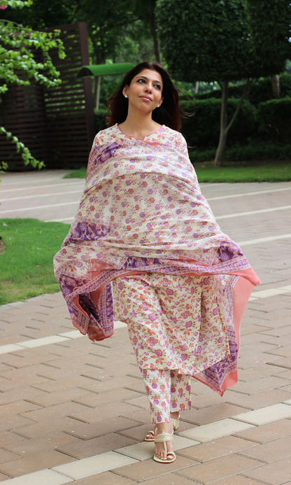 Cotton Monsoon Blush Printed Suit with Cotton Dupatta