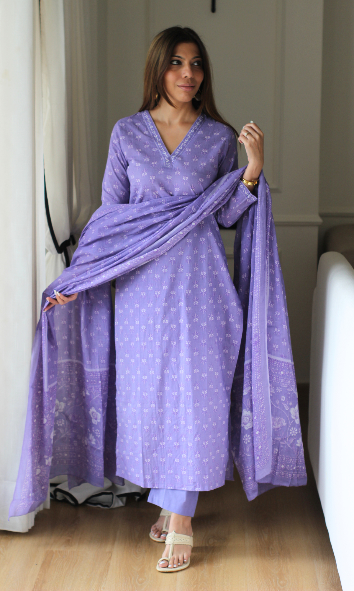 Lavender Flower Blockprint Kurta, Cotton Pants & Mul Printed Dupatta