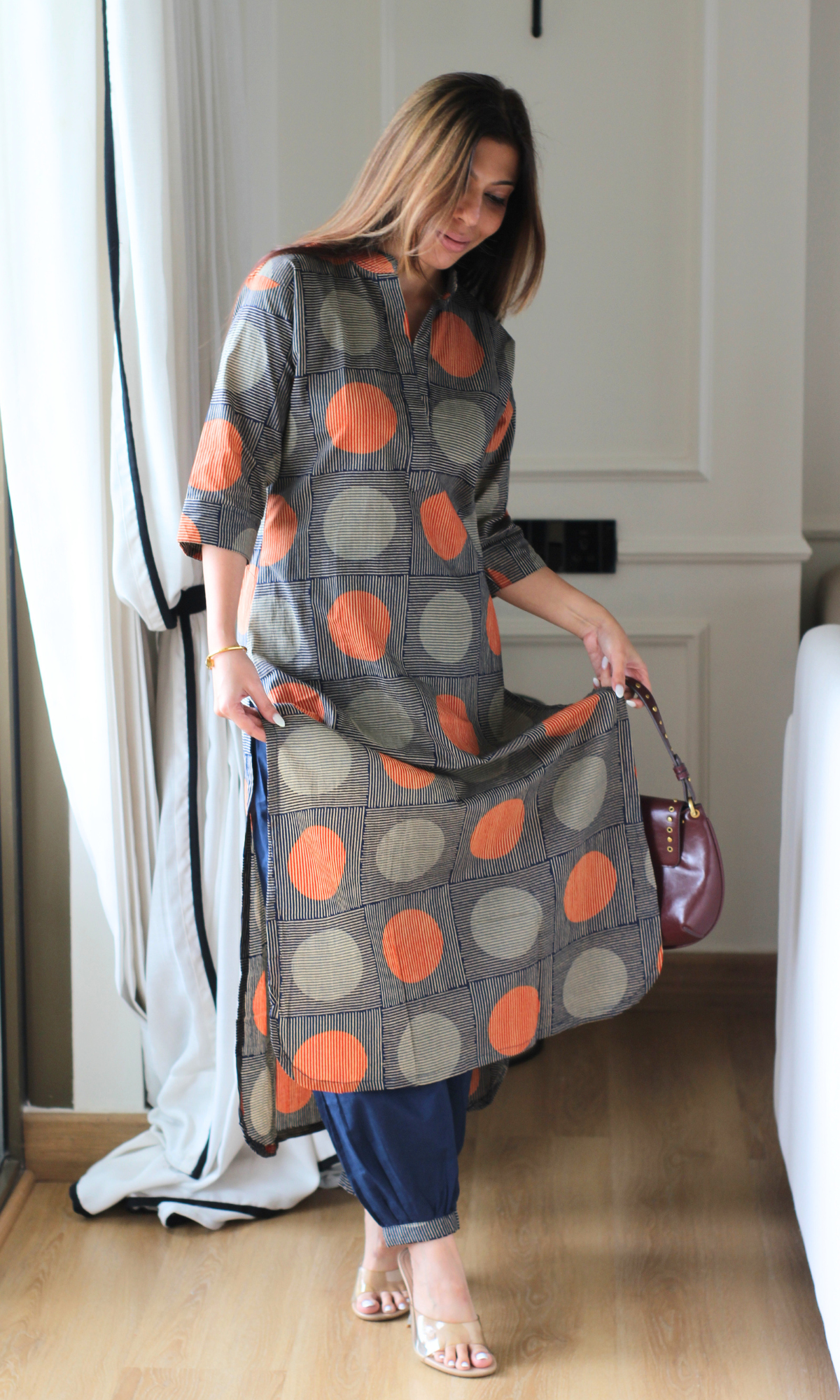 Blue Block Circle Printed Kurta & Pleated Pants