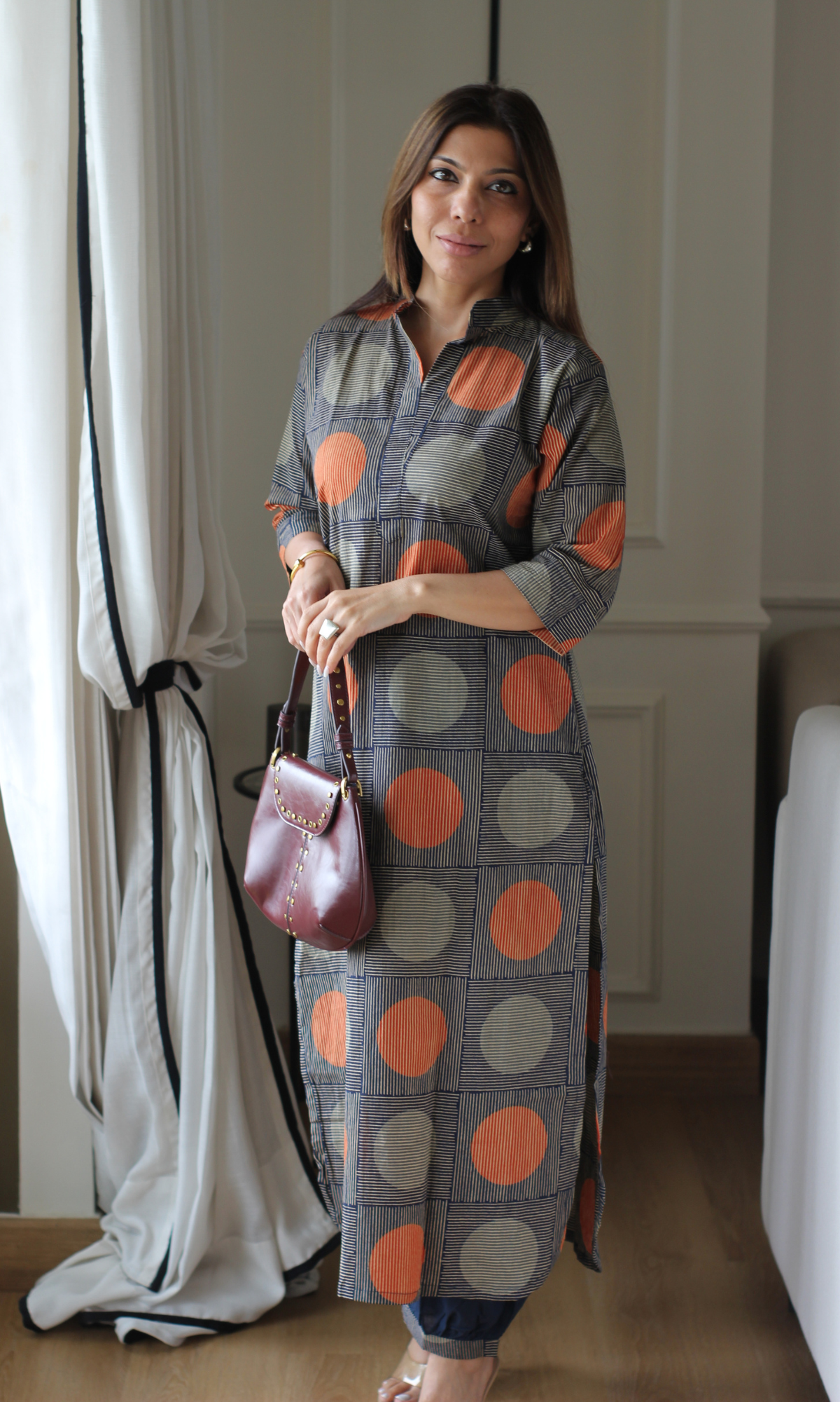 Blue Block Circle Printed Kurta & Pleated Pants