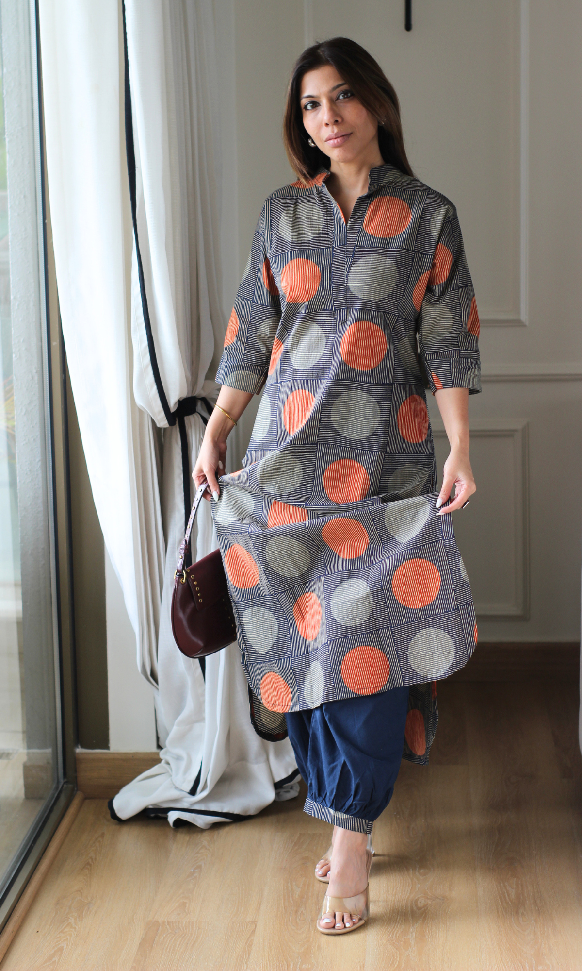 Blue Block Circle Printed Kurta & Pleated Pants