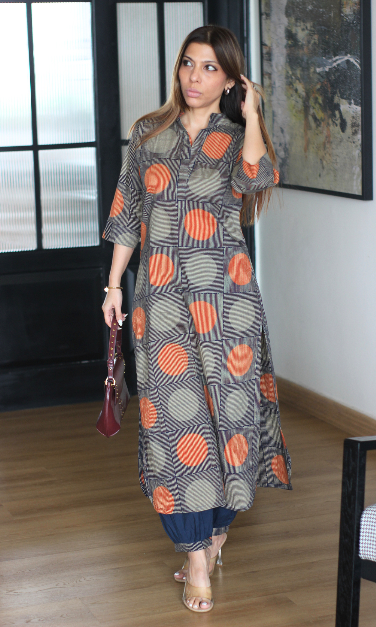 Blue Block Circle Printed Kurta & Pleated Pants