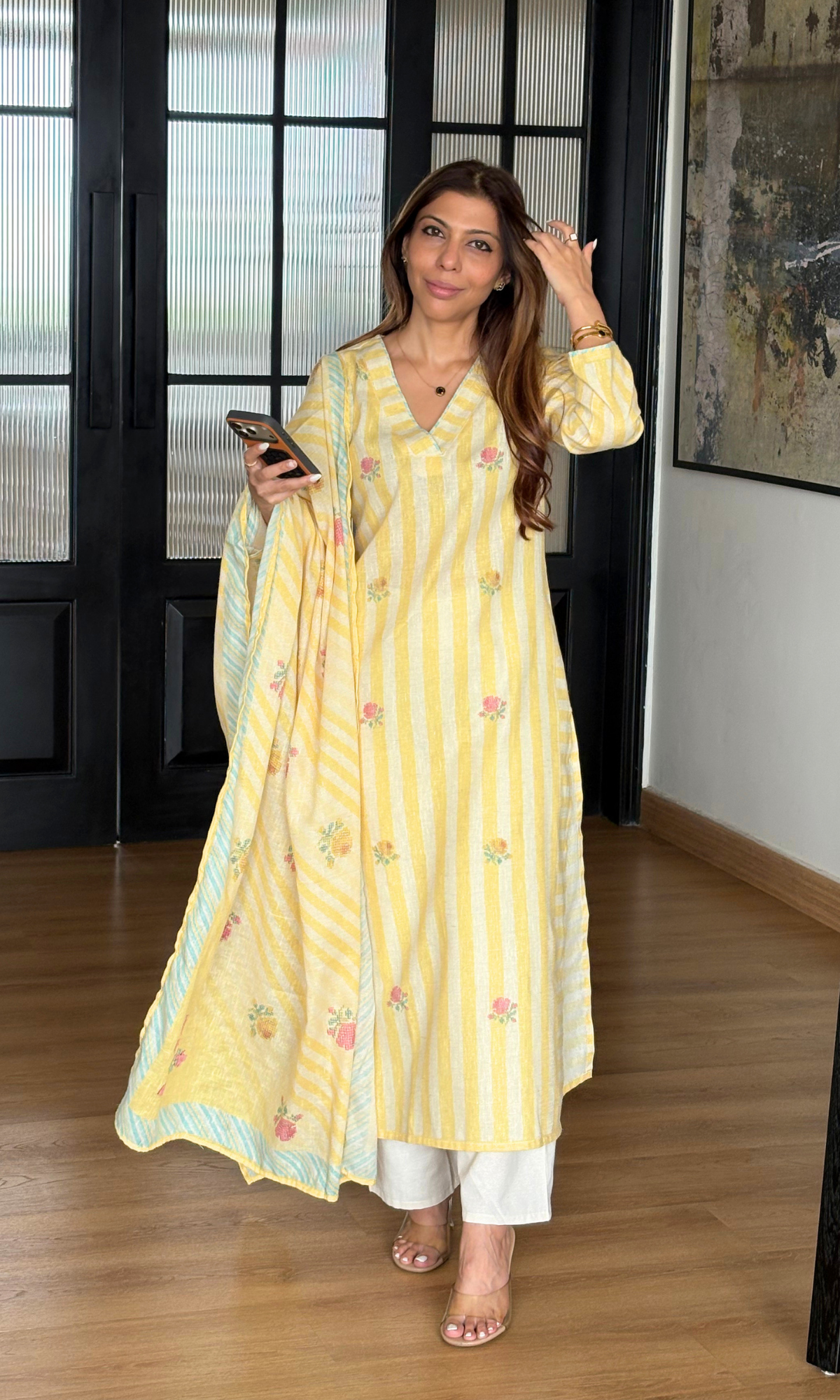 Linen Blend Lemon Striped Thread Woven Kurta, Dupatta & Cotton Pants