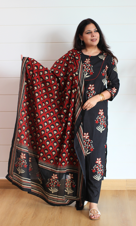 Cotton Black with Red Mughal Kurta, Block Printed Dupatta & Pants