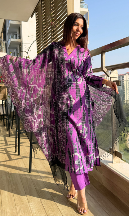 Cotton Purple & Black Tie & Dye Suit with Chiffon Tie & Dye Dupatta