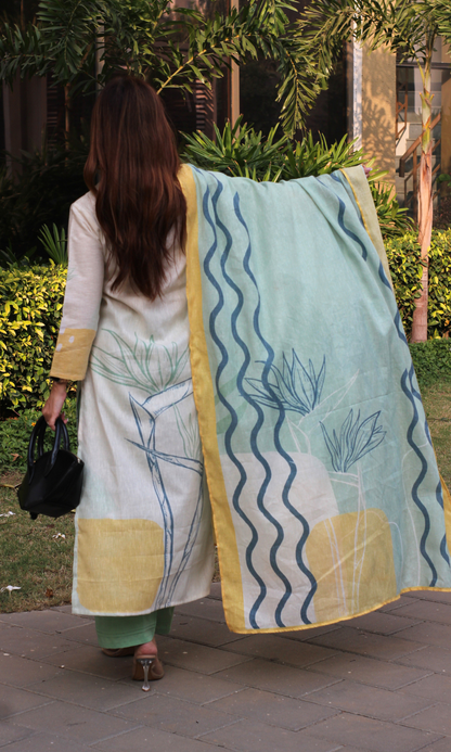 Linen Blend Green Dune Printed Kurta, Dupatta & Cotton Pants