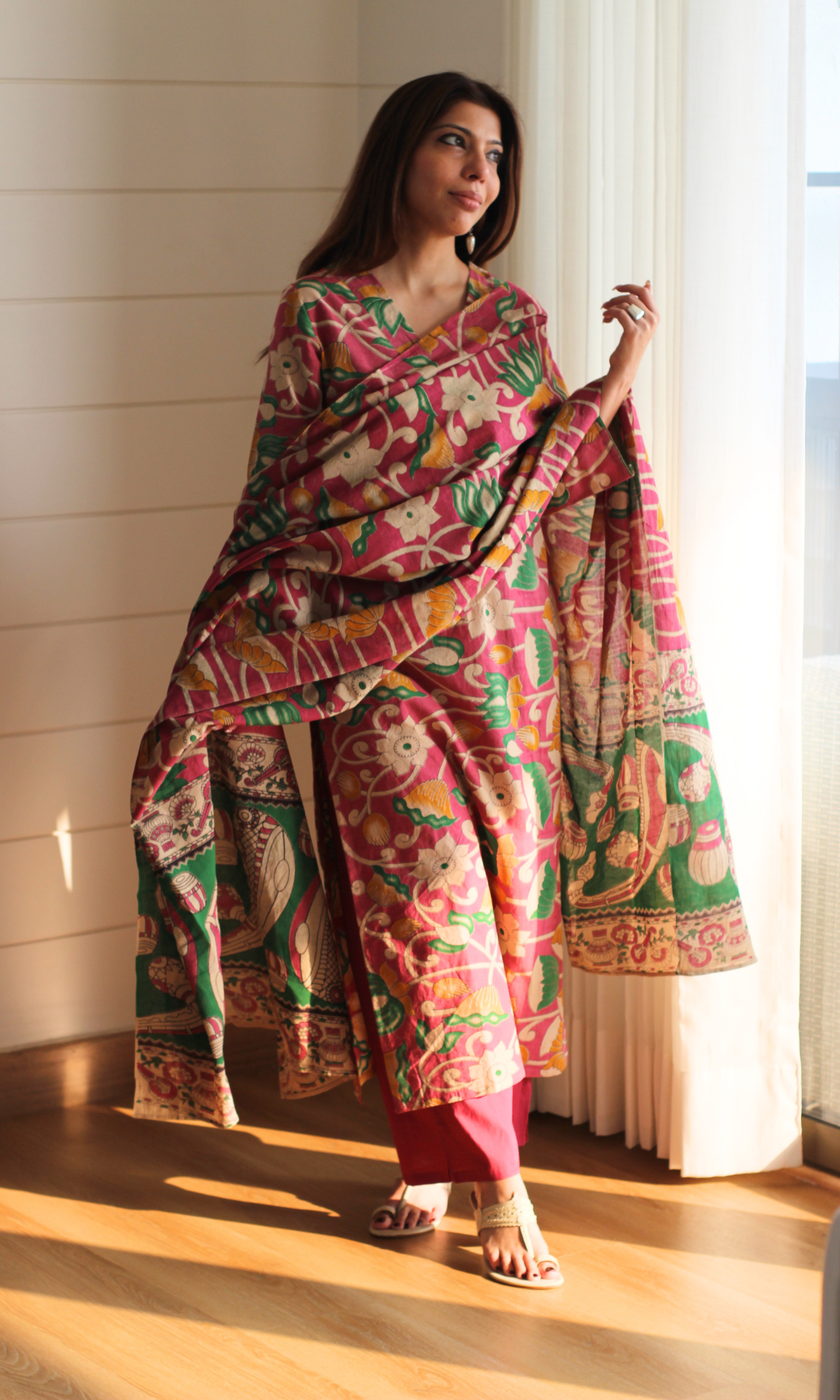Cotton Rani Pink & Green Handblock Kalamkari Kurta, Dupatta & Cotton Pants