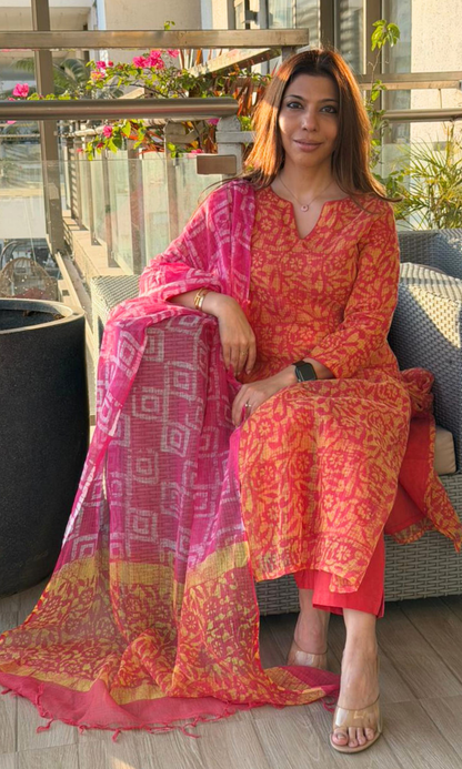 Kota Doria Carrot Red & Yellow Batik Print Kurta, Kota Dupatta & Cotton Pants