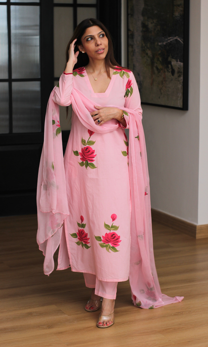 Pink Rose Handbrush Painted Cotton Kurta , Chiffon Hand Painted Dupatta & Cotton pants