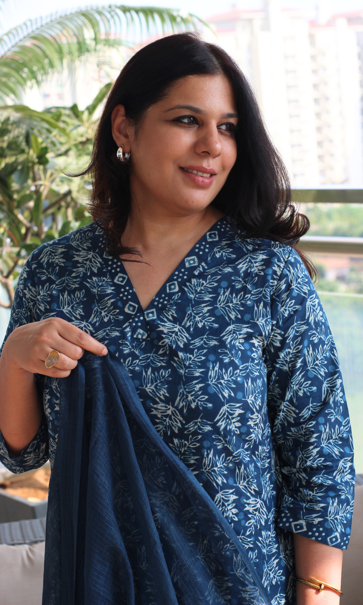 Indigo Block Print Cotton Kurta, Pant & Kota Doria Dupatta