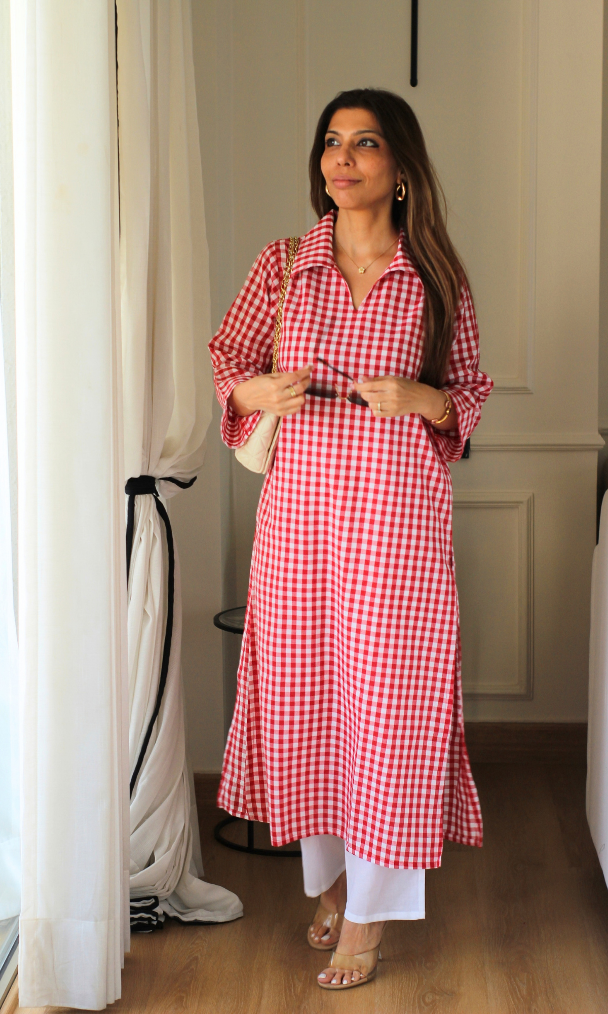 Red Checkered Collared Kurta with Cotton Pants