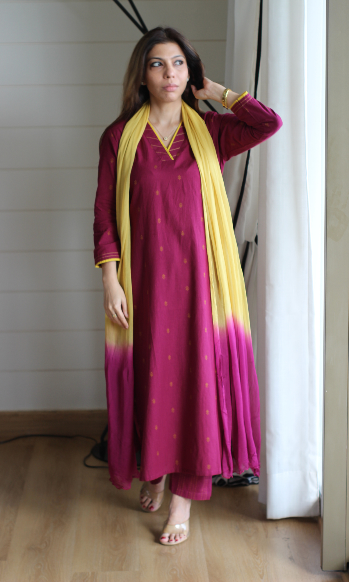 Plum Handloom Cotton Dobby Kurta, Pant & Chiffon Ombre Dupatta