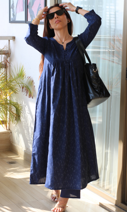 Navy Handloom Cotton Pleated Kurta with Cotton Pants